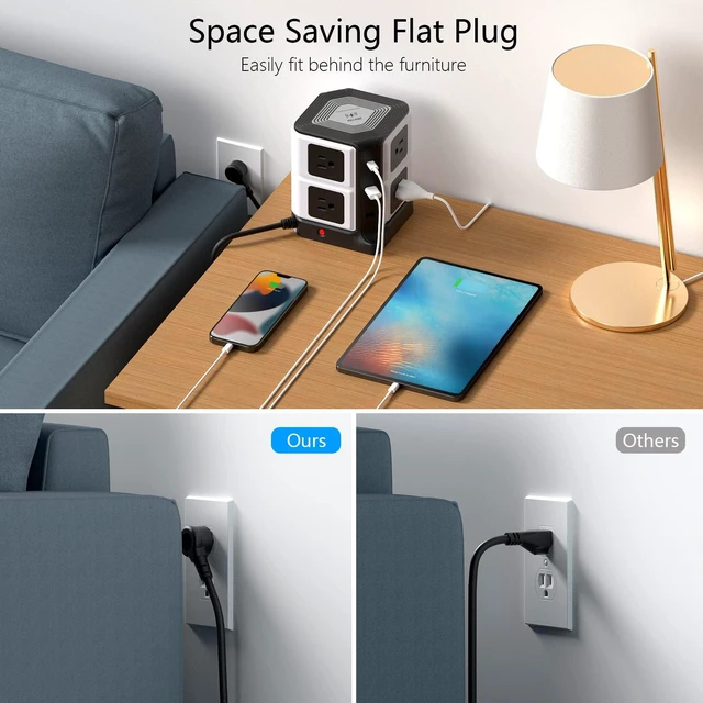 Alt view image 4 of 7 - PD 20W USB C Power Strip with Wireless Charger 8-Outlet Surge Protector and 30W 3-Port USB Charging Dock Station,4000 Joules,ETL Listed,Dorm Room Accessories (8AC+3USB+Wireless Charger-Black)
