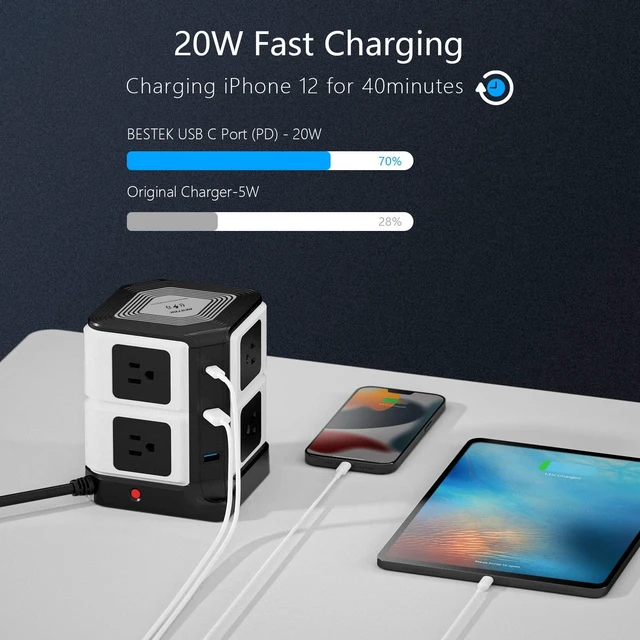 Alt view image 3 of 7 - PD 20W USB C Power Strip with Wireless Charger 8-Outlet Surge Protector and 30W 3-Port USB Charging Dock Station,4000 Joules,ETL Listed,Dorm Room Accessories (8AC+3USB+Wireless Charger-Black)