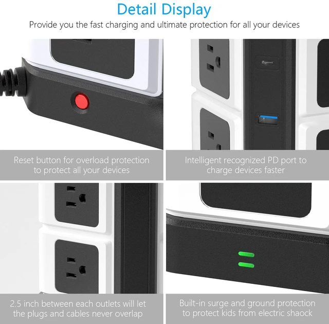 Alt view image 7 of 7 - PD 20W USB C Power Strip with Wireless Charger 8-Outlet Surge Protector and 30W 3-Port USB Charging Dock Station,4000 Joules,ETL Listed,Dorm Room Accessories (8AC+3USB+Wireless Charger-Black)