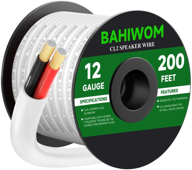 Main image of 12 Gauge 200FT Speaker Wire CCA 2 Conductors Cord CL2 Rated Speaker Cable for Indoor,in-Wall,in-Ceiling,Home Theater & Commercial Audio with White PVC Jacket