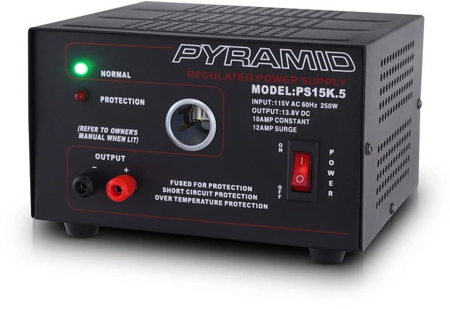 Main image of Pyramid Universal Compact Bench Power Supply - 10 Amp Linear Regulated Home Lab Benchtop AC-to-DC Converter w/ 13.8 Volt DC 115V AC 250W Input, Screw Type Terminal, 12V Car Cigarette Lighter-PS15K.5