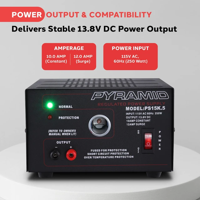 Alt view image 2 of 7 - Pyramid Universal Compact Bench Power Supply - 10 Amp Linear Regulated Home Lab Benchtop AC-to-DC Converter w/ 13.8 Volt DC 115V AC 250W Input, Screw Type Terminal, 12V Car Cigarette Lighter-PS15K.5