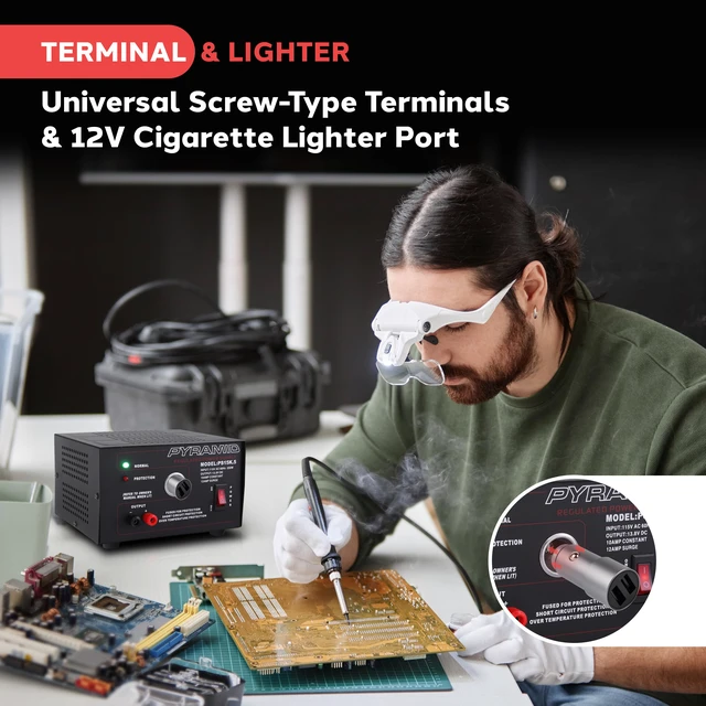Alt view image 3 of 7 - Pyramid Universal Compact Bench Power Supply - 10 Amp Linear Regulated Home Lab Benchtop AC-to-DC Converter w/ 13.8 Volt DC 115V AC 250W Input, Screw Type Terminal, 12V Car Cigarette Lighter-PS15K.5