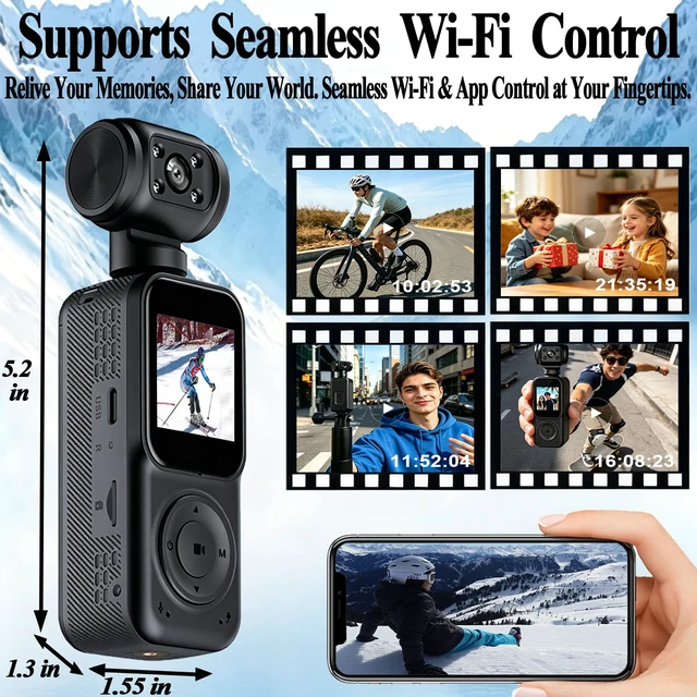 Alt view image 4 of 7 - Pocket Camera 4K Output 64GB, WiFi Body Cameras with Audio and Video Recording, Dual Light&7 Hour Battery (Black)