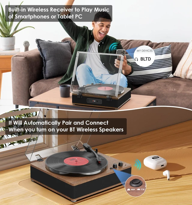 Alt view image 3 of 7 - Vintage Record Player, Vinyl Records Player with Bluetooth Input/Output, Built-in Stereo Speakers, Full-Size Platter, 3-Speed Turntable, RCA/AUX/Headphone Out, Auto Off, Walnut Case