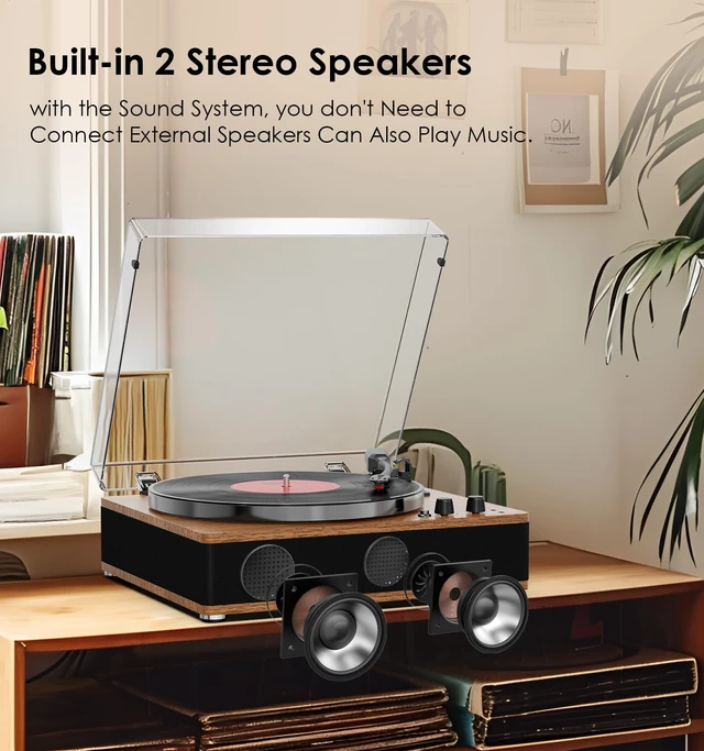 Alt view image 2 of 7 - Vintage Record Player, Vinyl Records Player with Bluetooth Input/Output, Built-in Stereo Speakers, Full-Size Platter, 3-Speed Turntable, RCA/AUX/Headphone Out, Auto Off, Walnut Case