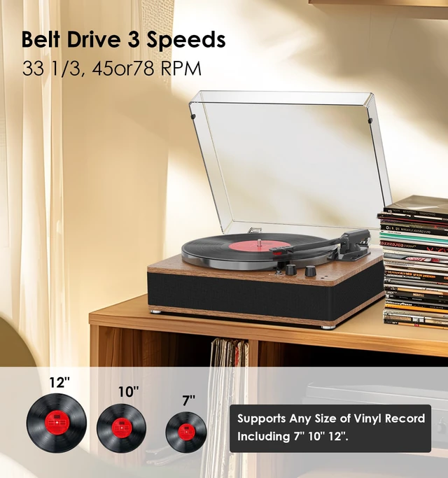 Alt view image 4 of 7 - Vintage Record Player, Vinyl Records Player with Bluetooth Input/Output, Built-in Stereo Speakers, Full-Size Platter, 3-Speed Turntable, RCA/AUX/Headphone Out, Auto Off, Walnut Case