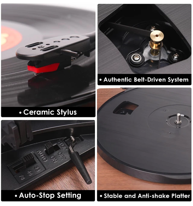 Alt view image 5 of 7 - Vintage Record Player, Vinyl Records Player with Bluetooth Input/Output, Built-in Stereo Speakers, Full-Size Platter, 3-Speed Turntable, RCA/AUX/Headphone Out, Auto Off, Walnut Case