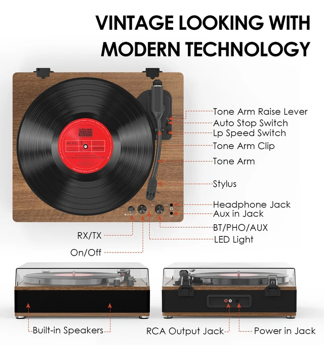 Alt view image 7 of 7 - Vintage Record Player, Vinyl Records Player with Bluetooth Input/Output, Built-in Stereo Speakers, Full-Size Platter, 3-Speed Turntable, RCA/AUX/Headphone Out, Auto Off, Walnut Case
