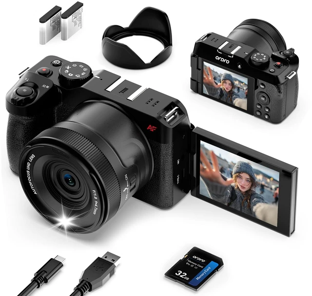 Main image of 5K Digital Cameras for Photography -Auto Focus 80MP Video Cameras for YouTube, 18X Zoom Travel Camera with 180° Flip Screen, 2 Batteries, Lens Hood & 32GB Card