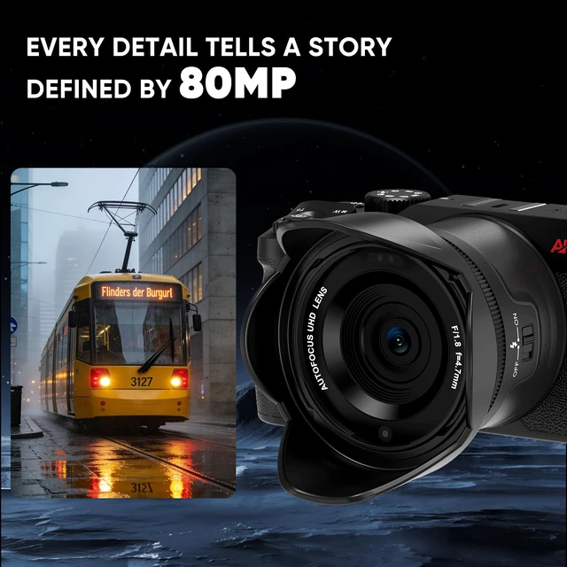 Alt view image 3 of 7 - 5K Digital Cameras for Photography -Auto Focus 80MP Video Cameras for YouTube, 18X Zoom Travel Camera with 180° Flip Screen, 2 Batteries, Lens Hood & 32GB Card