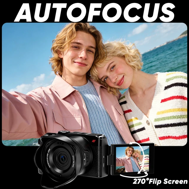 Alt view image 5 of 7 - 5K Digital Cameras for Photography -Auto Focus 80MP Video Cameras for YouTube, 18X Zoom Travel Camera with 180° Flip Screen, 2 Batteries, Lens Hood & 32GB Card