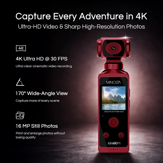 Alt view image 2 of 4 - 4K Ultra HD Pocket Camcorder WiFi Enabled Action Camera with 16MP Photos, 170° Wide Angle Lens, 270° Rotating Head, Slow Motion, 1.3-inch Display - 16GB Card & Waterproof Case (Red)