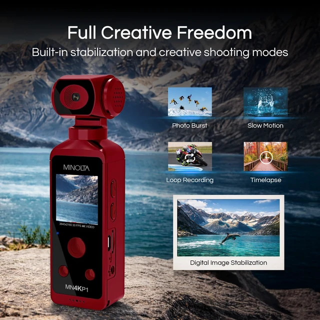 Alt view image 3 of 4 - 4K Ultra HD Pocket Camcorder WiFi Enabled Action Camera with 16MP Photos, 170° Wide Angle Lens, 270° Rotating Head, Slow Motion, 1.3-inch Display - 16GB Card & Waterproof Case (Red)