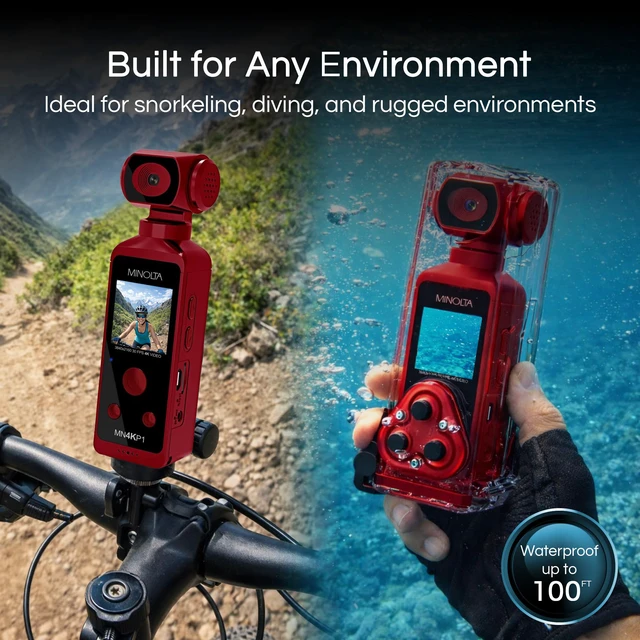 Alt view image 4 of 4 - 4K Ultra HD Pocket Camcorder WiFi Enabled Action Camera with 16MP Photos, 170° Wide Angle Lens, 270° Rotating Head, Slow Motion, 1.3-inch Display - 16GB Card & Waterproof Case (Red)