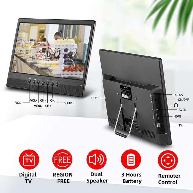 Alt view image 3 of 4 - 14'' Portable TV,Small TV with Batterys-HDMI,USB,AV Slot and 1 Antenna,Remote Control,12 Volt car Cable/AC for RV car/Camping/Kitchen