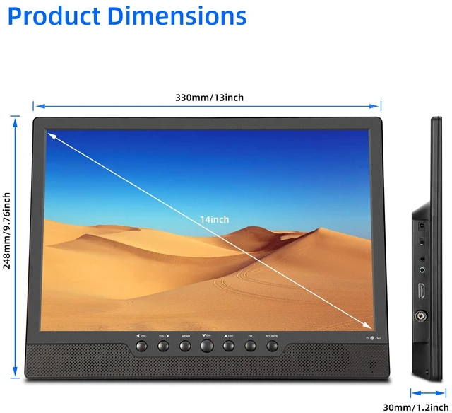 Alt view image 4 of 4 - 14'' Portable TV,Small TV with Batterys-HDMI,USB,AV Slot and 1 Antenna,Remote Control,12 Volt car Cable/AC for RV car/Camping/Kitchen