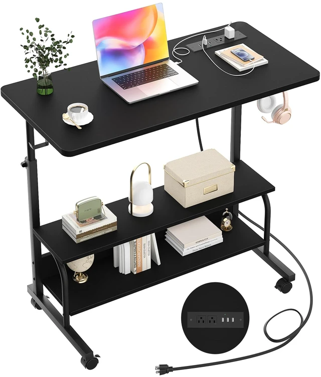 Main image of Rolling Standing Desk with Charging Station, Portable Height Adjustable Mobile Computer Desk with Wheels & 2-Tier Shelves & Hooks, Easy Assembly Laptop Table for Couch Bed, 32" Black