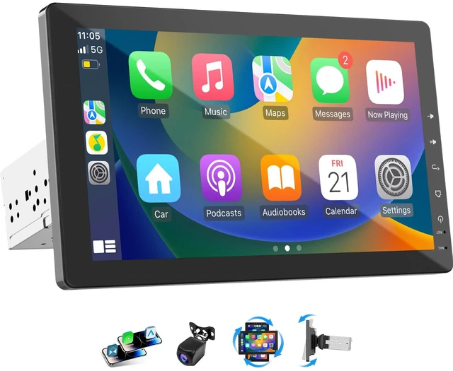 Main image of 10.1" Single Din Car Radio with Rotatable Touchscreen, Wireless CarPlay, Android Auto, Touch Screen Radio, GPS Navigation, Bluetooth, Hi-Fi Sound, Voice Control, Backup Camera