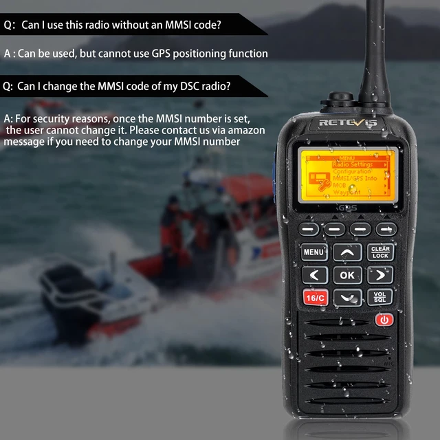 Alt view image 2 of 4 - RM40 Marine Radio with GPS,DSC Distress Call,Mob Alarm,IP67 Waterproof Floating Handheld Radio,NOAA Weather Alert,1500mAh Battery,International Channels,for Boats Sailing Coast Guard (1 Pack)
