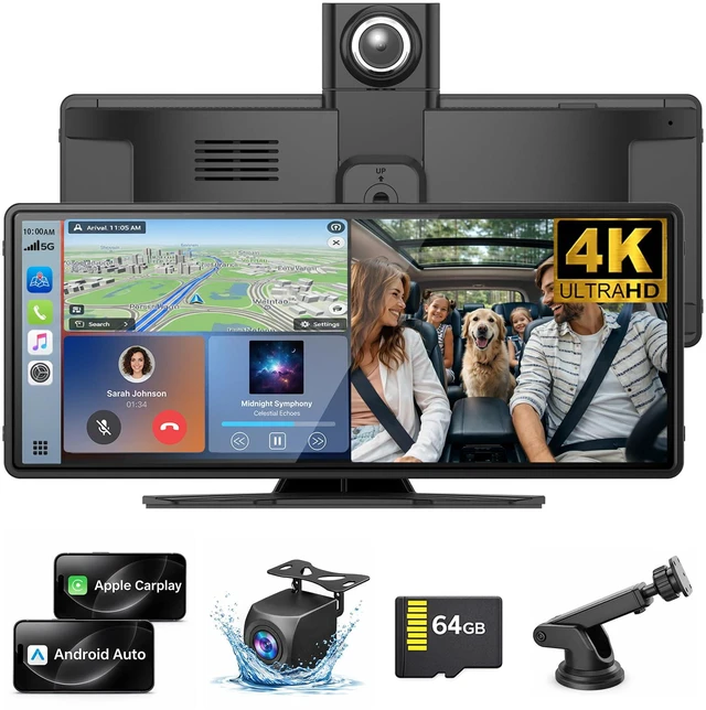 Main image of Wireless Carplay Screen for Car,10.26" Portable Apple Carplay and Android auto4K Dash Cam with Rotatable Lens, 1080P Backup Camera, GPS Navigation, Mirror Link, Siri & Voice Control