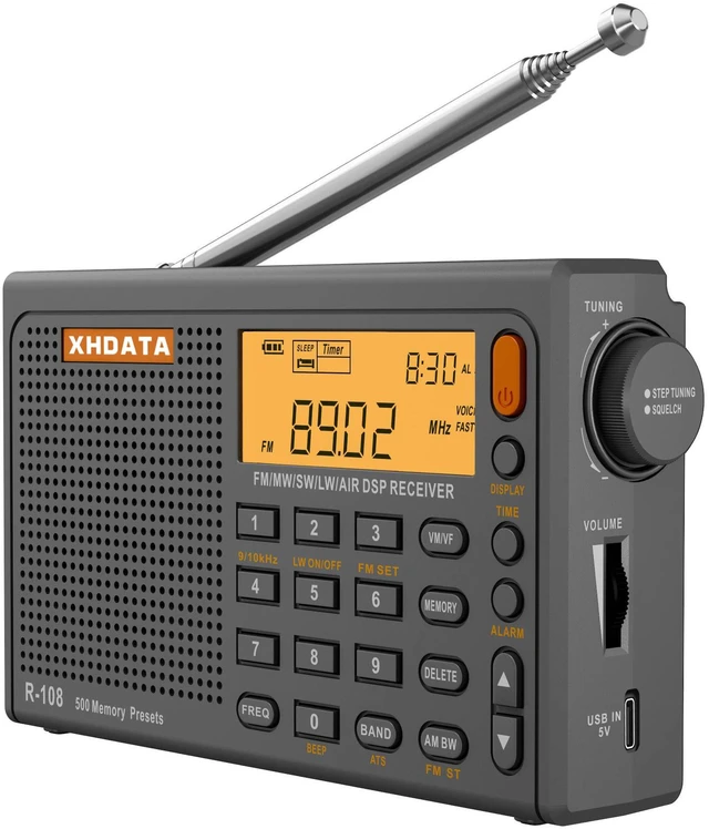 Main image of R108 Portable Radio AM/FM/SW/LW/Airband Shortwave Radio Receiver Battery Operated with Good Reception, Great Sound Speaker Stereo Alarm Clock External Antenna (Grey)