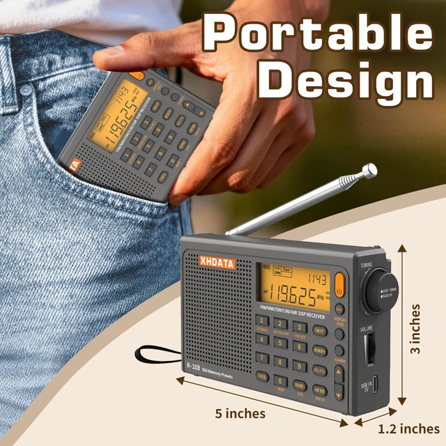 Alt view image 2 of 4 - R108 Portable Radio AM/FM/SW/LW/Airband Shortwave Radio Receiver Battery Operated with Good Reception, Great Sound Speaker Stereo Alarm Clock External Antenna (Grey)