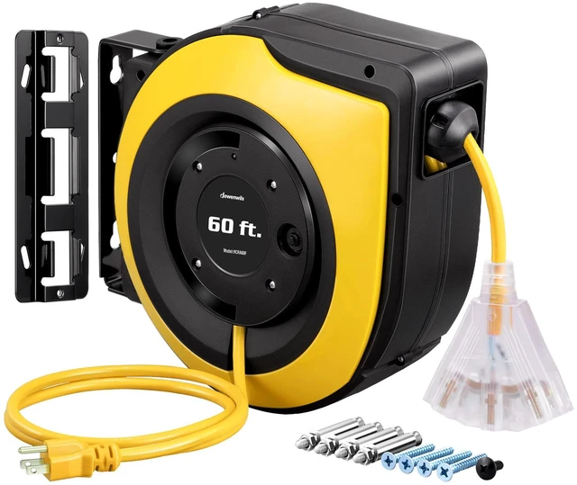 Main image of Retractable Cord Reel, 60FT Heavy Duty Extension Cord, 12AWG/3C SJTOW, 3 Grounded Outlets Lighted Triple Tap, 15A Circuit Breaker, Wall/Ceiling Mounted for Garage, Workshop, UL Listed