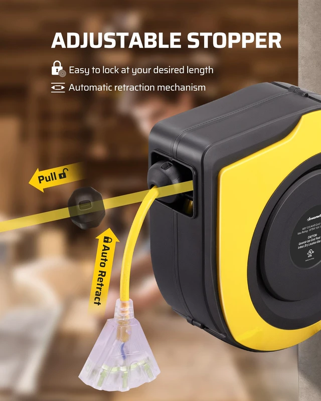 Alt view image 4 of 4 - Retractable Cord Reel, 60FT Heavy Duty Extension Cord, 12AWG/3C SJTOW, 3 Grounded Outlets Lighted Triple Tap, 15A Circuit Breaker, Wall/Ceiling Mounted for Garage, Workshop, UL Listed