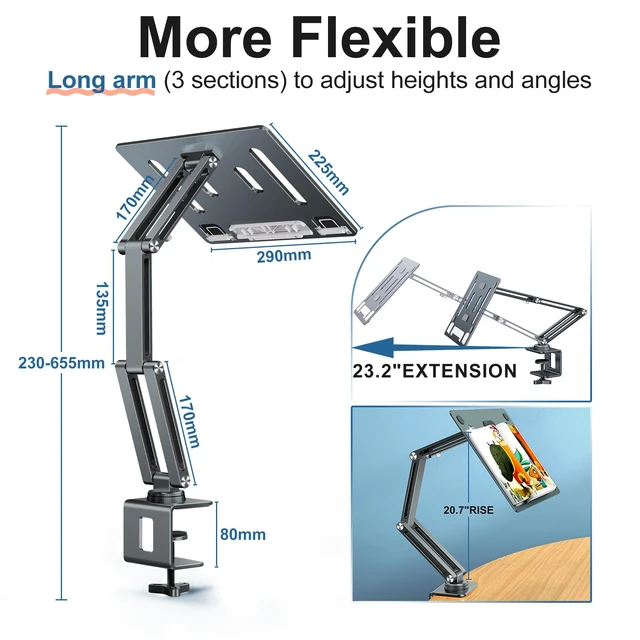 Alt view image 3 of 7 - Laptop Mount for Desk, Tablet Arm Mount with 360° Rotating, Aluminum Laptop Tray Adjustable, Foldable Computer Stand/Holder, Fit for 11-15 Inch Laptops (Grayish Green)