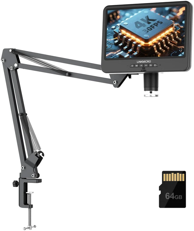 Main image of 4K 30FPS HDMI 10.1'' Digital Microscope with Flex Arm Stand for Electronics, LM208S-A 4K Soldering Microscope Camera 1500X with Screen for Adults, Full View Coins, 3840P Video Audio, PC View, 64GB
