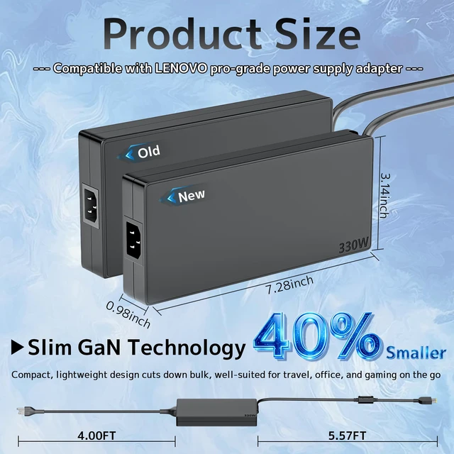 Alt view image 5 of 7 - 330W Slim GaN Laptop Charger Compatible with Lenovo Legion pro 7 7i 5i 5 9 9i 15 16 17 16IRX8 16IRX9 RTX 4070 4080 4090 Yoga AIO 7 ADL330SDC3A GX21M50608 20V 16.5A Gaming AC Adapter Power Supply Cord