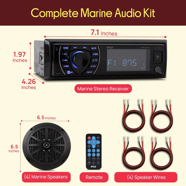 Alt view image 2 of 4 - Marine Head Unit Receiver Speaker Kit - In-Dash LCD Digital Stereo Built-in Bluetooth & Microphone w/ AM FM Radio System 6.5 Waterproof Speakers (4) MP3/SD Readers & Remote Control -PLMRKT48BK