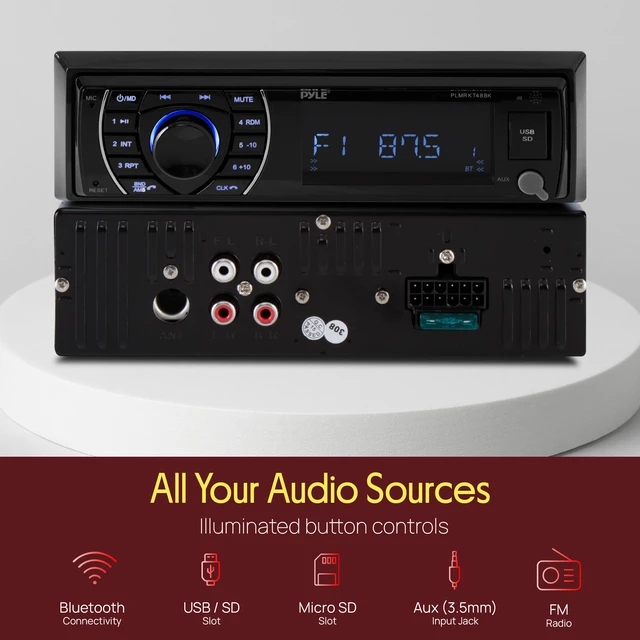 Alt view image 4 of 4 - Marine Head Unit Receiver Speaker Kit - In-Dash LCD Digital Stereo Built-in Bluetooth & Microphone w/ AM FM Radio System 6.5 Waterproof Speakers (4) MP3/SD Readers & Remote Control -PLMRKT48BK