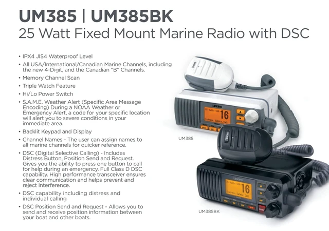 Alt view image 5 of 7 - UM385 25 Watt Fixed Mount Marine Vhf Radio, Waterproof IPX4 with Triple Watch, Dsc, Emergency/Noaa Weather Alert, All Usa/International/Canadian Marine Channels, Memory Channel Scan, White