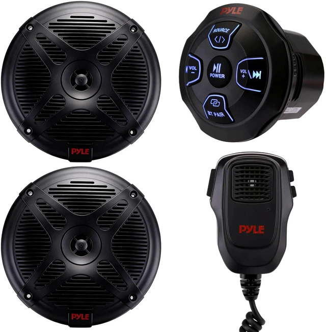 Main image of Marine Bluetooth Receiver Speaker Kit - Waterproof Audio Entertainment System Set w/Dual 6.5" Boat Speakers, Wireless BT Controller, Compact Handheld Broadcasting Microphone (Black)