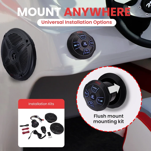 Alt view image 7 of 7 - Marine Bluetooth Receiver Speaker Kit - Waterproof Audio Entertainment System Set w/Dual 6.5" Boat Speakers, Wireless BT Controller, Compact Handheld Broadcasting Microphone (Black)