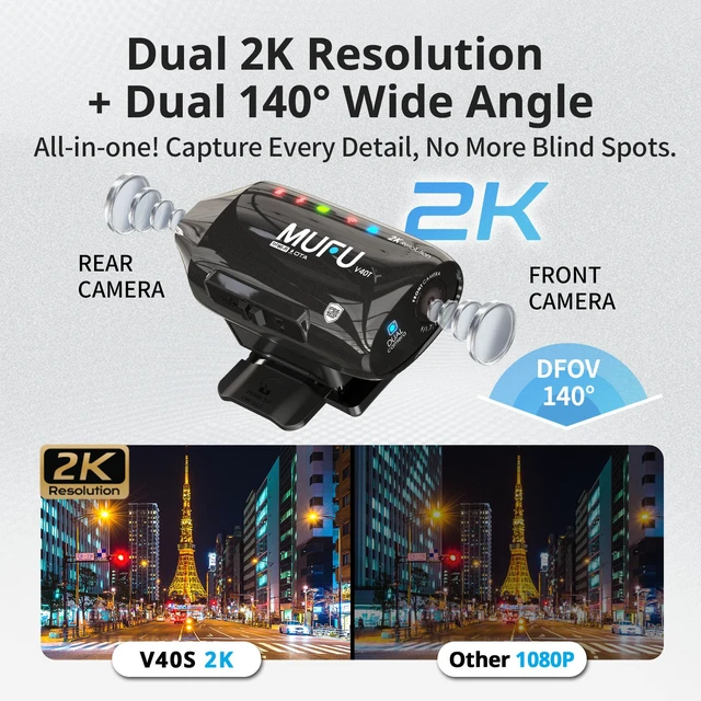 Alt view image 2 of 4 - 2K Dual Front & Rear Camera for Top Mount Motorcycle Helmet, 4000mAh Battery 8H Loop Recording, IP66 Waterproof, Hands-Free POV Action Cam, Portable Camcorder with WiFi, 64GB Memory, V40T