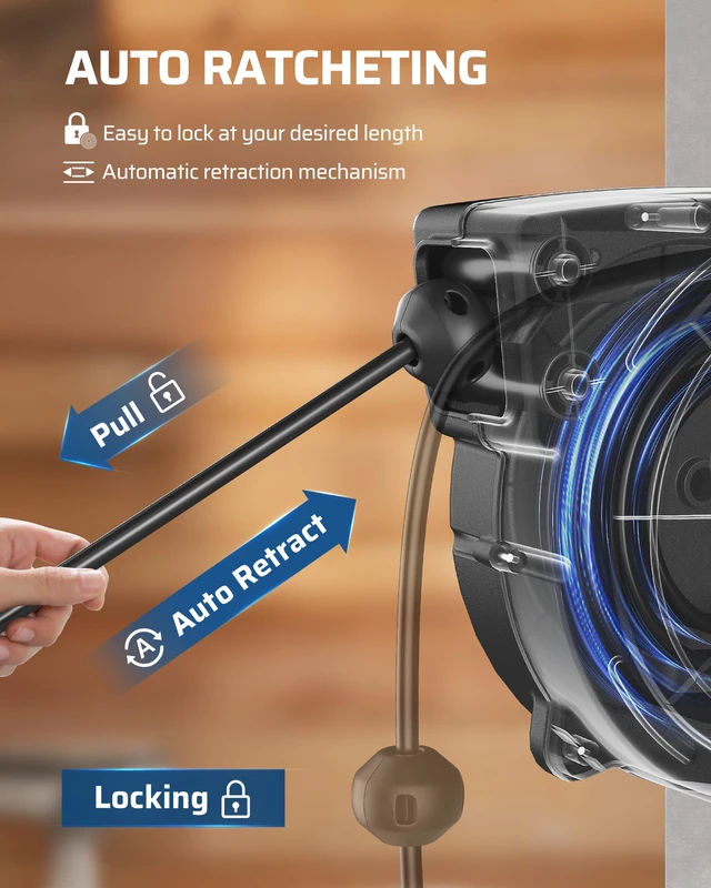 Alt view image 2 of 4 - Extension Cord Reel, 40FT Retractable Cord Reel, 12/3AWG SJTOW, Lighted Triple Tap Outlets, 15 Amp Circuit Breaker, Ceiling/Wall Mount, UL Listed