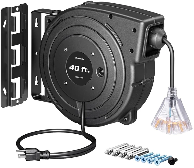 Main image of Extension Cord Reel, 40FT Retractable Cord Reel, 12/3AWG SJTOW, Lighted Triple Tap Outlets, 15 Amp Circuit Breaker, Ceiling/Wall Mount, UL Listed