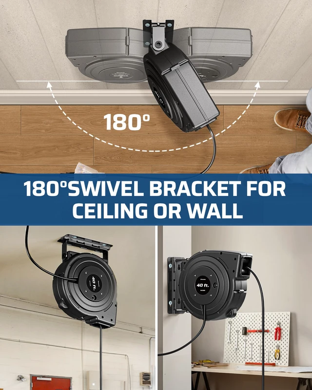 Alt view image 4 of 4 - Extension Cord Reel, 40FT Retractable Cord Reel, 12/3AWG SJTOW, Lighted Triple Tap Outlets, 15 Amp Circuit Breaker, Ceiling/Wall Mount, UL Listed