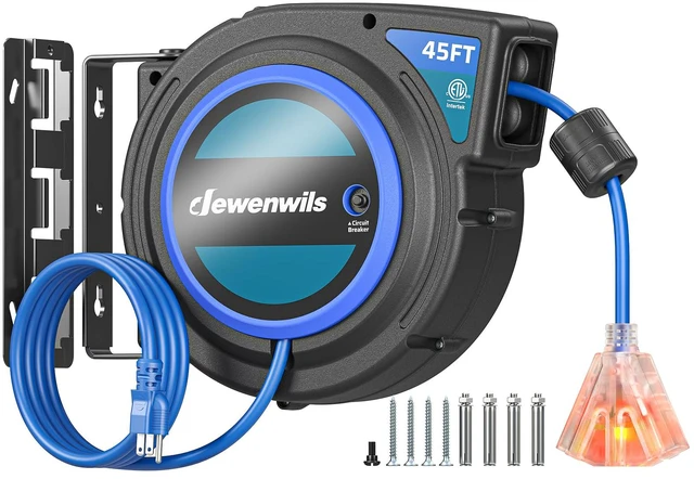 Main image of 45FT Retractable Extension Cord Reel with Twist-lock Stopper, 12/3C/15A SJTOW Power Cord Reel, Lightweight and Portable, for Home Maintenance, Garages, Workshops, ETL Listed, Blue