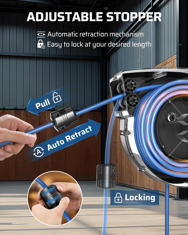 Alt view image 2 of 4 - 45FT Retractable Extension Cord Reel with Twist-lock Stopper, 12/3C/15A SJTOW Power Cord Reel, Lightweight and Portable, for Home Maintenance, Garages, Workshops, ETL Listed, Blue
