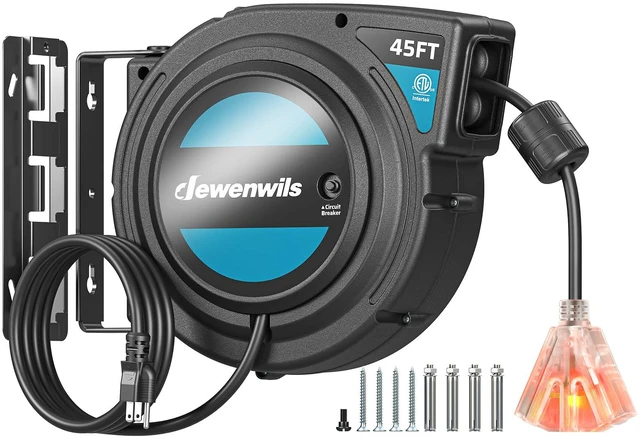 Main image of 45FT Extension Cord Reel with Twist-lock Stopper, 12/3C SJTOW Heavy Duty Power Cord Reel, Brighter Triple Tap Outlet, 15A Circuit Breaker for Garage Construction Site, ETL Listed, Black