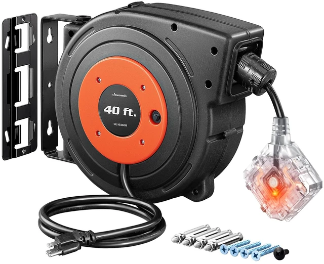 Main image of 40 FT Retractable Extension Cord Reel with 6 Grounded Outlets, Twist-lock Stopper, 12/3C SJTOW Heavy Duty Power Cord, Wall/Ceiling Mounted for Garage, Workshop, ETL Listed