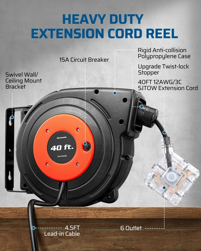 Alt view image 4 of 4 - 40 FT Retractable Extension Cord Reel with 6 Grounded Outlets, Twist-lock Stopper, 12/3C SJTOW Heavy Duty Power Cord, Wall/Ceiling Mounted for Garage, Workshop, ETL Listed