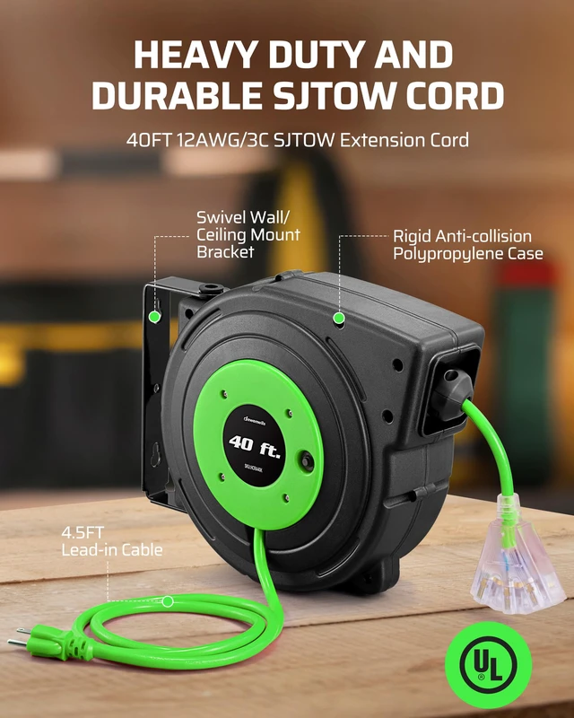 Alt view image 2 of 4 - Retractable Extension Cord Reel, 40 FT Heavy Duty Power Cord, 12/3C SJTOW Retractable Cord Reel, Lighted Triple Tap Outlets, 15A Circuit Breaker, Wall/Ceiling Mount, UL Listed, Green