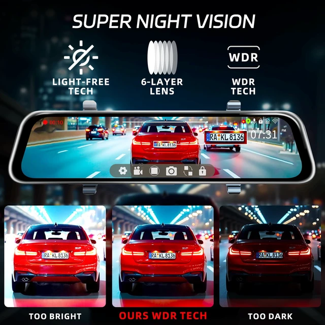 Alt view image 4 of 7 - L09 12" 4K Mirror Dash Cam and Backup Camera with Front and Rear Dual Cameras, Built-in GPS, Wi-Fi, Loop Recording, G-Sensor, WDR, and HDR Night Vision, Includes 128GB Memory Card