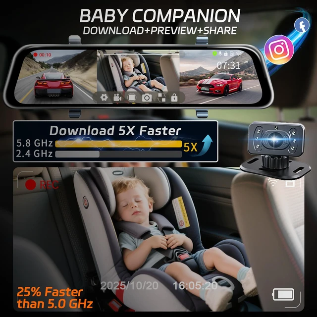 Alt view image 5 of 7 - L09 12" 4K Mirror Dash Cam and Backup Camera with Front and Rear Dual Cameras, Built-in GPS, Wi-Fi, Loop Recording, G-Sensor, WDR, and HDR Night Vision, Includes 128GB Memory Card