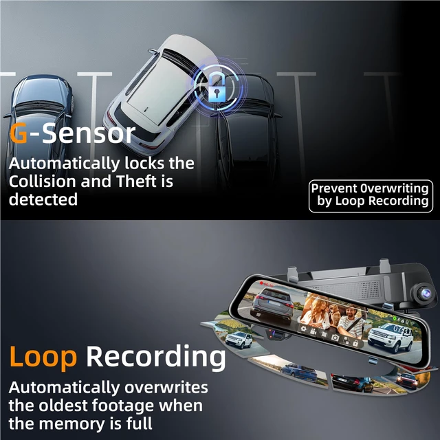 Alt view image 7 of 7 - L09 12" 4K Mirror Dash Cam and Backup Camera with Front and Rear Dual Cameras, Built-in GPS, Wi-Fi, Loop Recording, G-Sensor, WDR, and HDR Night Vision, Includes 128GB Memory Card